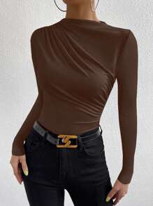 VaVaBold 女款純色百褶 T 卹 - 棕色 - 查看 7