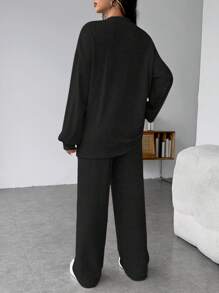 SHEIN Maternity Solid Drop Shoulder Coat And Drawstring Waist Pants Two Pieces Sets, Suitable For Autumn And Winter - Black - View 2