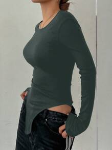 DAZY Bộ đồ liền thân tay ngắn quấn cho nữ, hở lưng, tối giản, mặc thường ngày - xanh quân đội - Xem 4