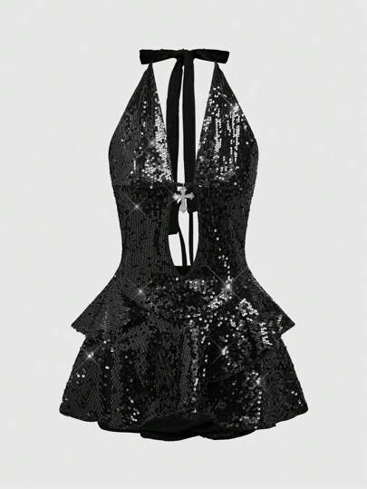 Grunge Punk Y2K Clubcore Sparkly Cross Decor Backless Micro Mini Dress, For Carnival