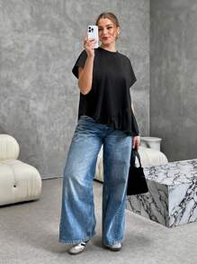 SHEIN Essnce 大码女装新款夏季7月4日机场可爱上衣时尚休闲通勤工作雪纺宽松T恤 - 黑色 - 查看 6