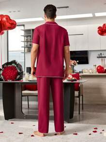 CoupledUp Contrast Color Pocket Short Sleeve Shirt & Pants Men's Sleepwear Set With Letter Embroidery - Red - View 3