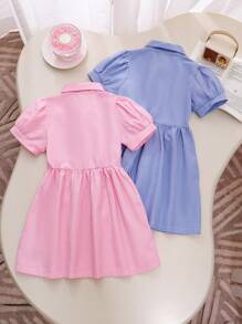 SHEIN 2 件套年轻女孩条纹短袖刺绣连衣裙，粉色和蓝色可爱时尚夏季服装 - 彩色 - 查看 2