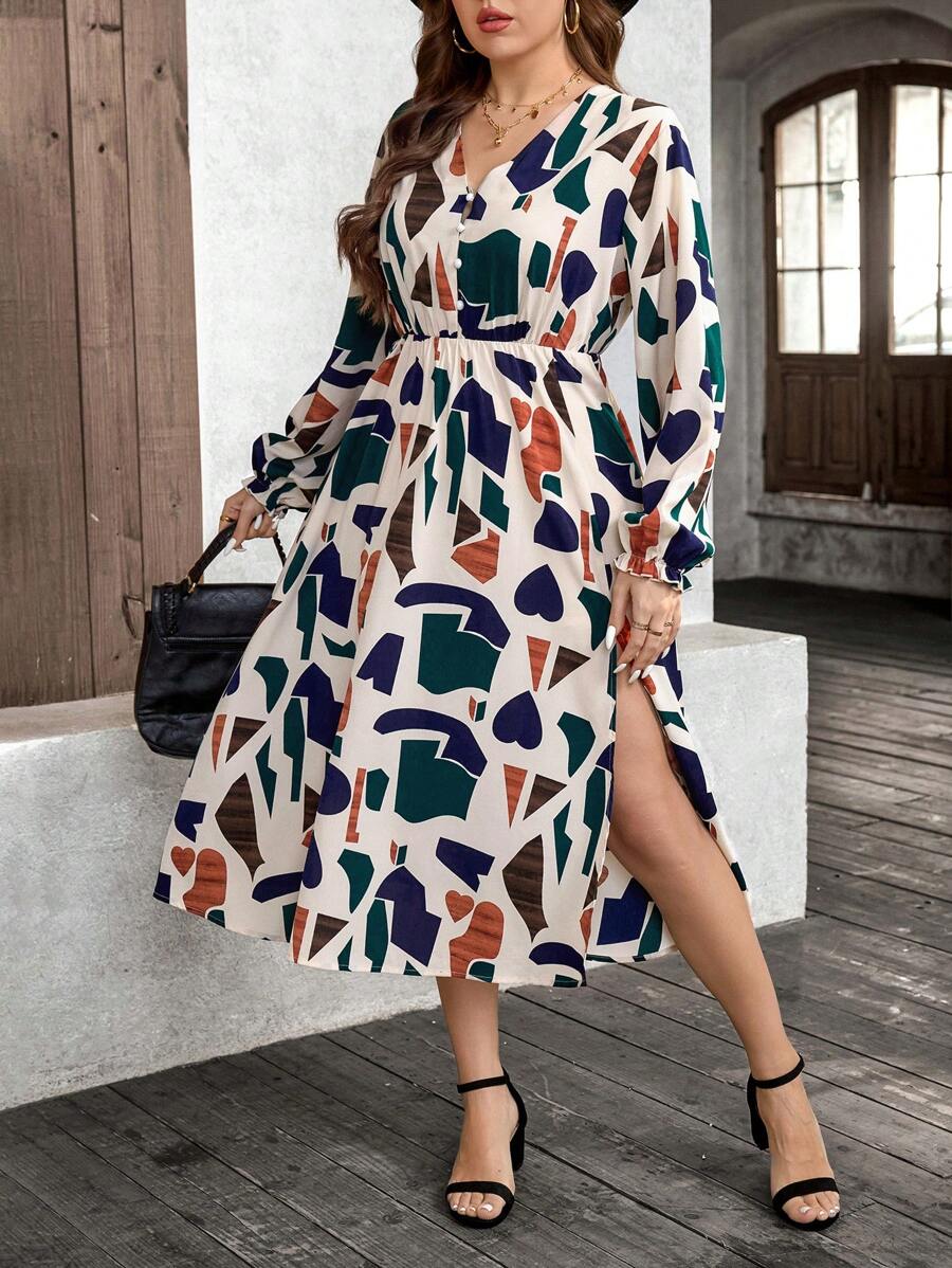 SHEIN LUNE Plus Size Women's Geometric Print Long Sleeve V Neck Side Slit Hem Dress, Perfect For Fall And Elegant Dresses, Perfect For Women Bohemian/Boho Style, Resort Wear, Holiday Dresses, Outdoor Daily Wear Essential Sundress
