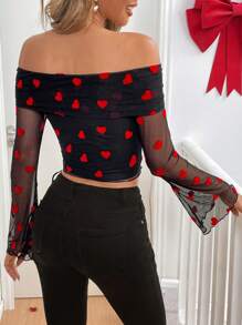 SHEIN Frenchy Women's Heart Patterned Mesh Off Shoulder Ruffle Long Sleeve Fashionable Blouse Valentine's Day Dating Outfits Women's Strapless Love Pattern Long Sleeve Sheer Mesh Top Valentine's Day Holiday Clothing Vacation Outfits Woman Long Sleeve Tops Off The Shoulder Top Red Top Tops    Valentines Clothes   Heart  Top    Casual Daily Heart Print Loose For Women, Long Sleeve, Spring/Autumn Spring/Autumn  Spring Clothes  Summer Tops Women Christmas Winter Thanks Giving