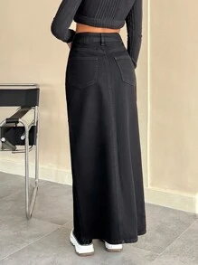 RueChic LOW RISE MAXI SKIRT WITH SLIT SIMPLE FASHIONABLE DAILY CASUAL - Black - View 2