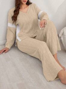Lazeform Set de 2 piezas con top de manga larga de escote en V y pantalones, con contraste de colores y parches, estilo casual'