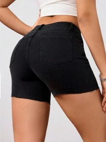 SHEIN Essnce Pantaloni scurți din denim versatil, ocazional, de zi cu zi - Negru - Vizualizare 2