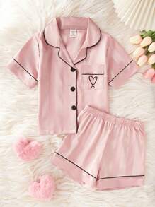 Conjunto informal de 2 piezas de blusa de manga corta con rayas de sandía y rosa, y shorts para niña, sencillo y fashionable