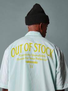 SUMWON Lucky Charm Mint Green Striped Casual Button Down Short Sleeve Shirt With Designer Text Print Statement Back St Patricks Day Party Streetwear