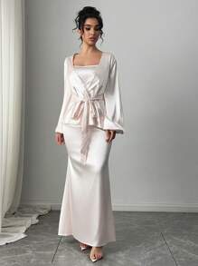 Firerie Conjunto de 2 piezas de mujer compuesto por una chaqueta holgada con manga abullonada, bajo irregular y cinturón, talla grande un vestido de corte ajustado, en tela beige, para uso elegante, romántico, diario o de fiesta en otoño/invierno/primavera