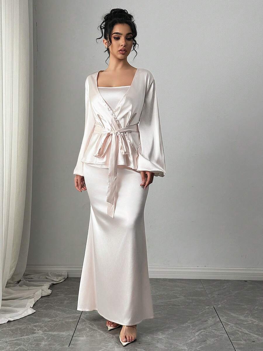 Firerie 女士优雅简约浪漫通勤、情人节、派对、日常穿着泡泡袖不对称下摆系带宽松夹克和修身连衣裙 2 件套，米色面料，秋冬春季 - 杏色 - 查看 1