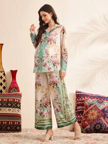 SHEIN 2 Pieces Maternity Loose Printed Shirt & Adjustable Waist Wide Leg Pants Set - Multicolor - View 8