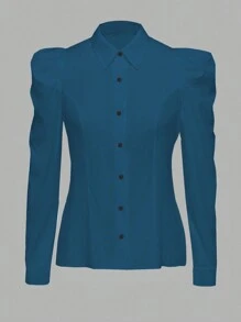 Flirla Plus Size Women Solid Color Puff Sleeve Blouse - Blue - View 1