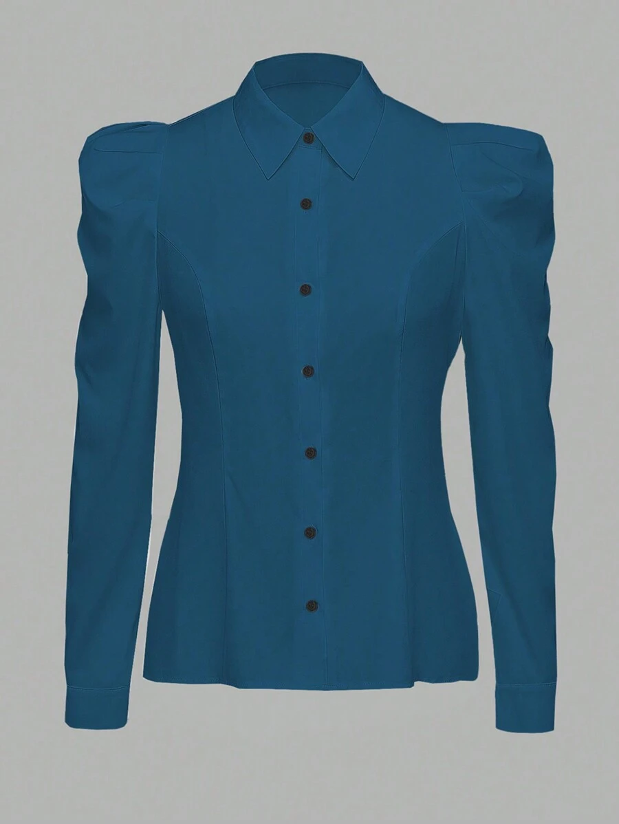 Flirla Plus Size Women Solid Color Puff Sleeve Blouse - Blue - View 1