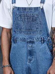 Manfinity Homme Men's Pocketed Wide Leg Loose Casual Denim Bib Overalls - Medium Wash - View 8