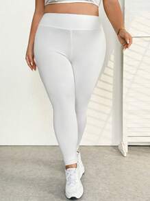SHEIN CURVE+ Mallas de cintura alta elástica de un solo color en talla grande - Blanco - Ver 6