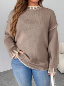 SHEIN Essnce 1 pieza Suéter tejido casual de cuello redondo, hombros caídos y manga larga para mujer talla grande, de otoño/invierno