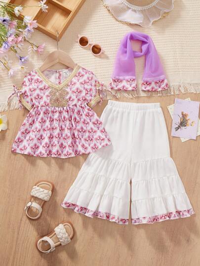 SHEIN Baby Girl Summer Floral Printed Flared Pants & Short Sleeve Shirt Set