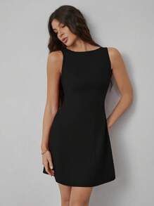 SHEIN Tall Vestido elegante de unicolor sin mangas de ajustado mini para graduación, vestido corto para graduación de otoño para mujer, vestido rojo, vestido burdeos de otoño para mujer, ropa casual para mujer de negocios, vestido de longitud hasta la rodilla de otoño para mujer, atuendos de otoño para mujer, ropa de Navidad - Negro - Ver 1