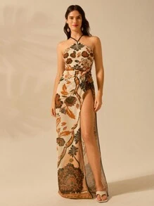 CAJUNI Women's Boho Print Holiday Casual Beach Shawl Swimsuit Cover Skirt For Summer Beach Vacation