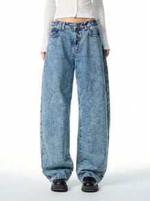 LYSMO Front Button Pocket Denim Simple Casual Vintage Tie Dye Print Wide Leg Pants For Fall And Winter - Light Wash - View 1