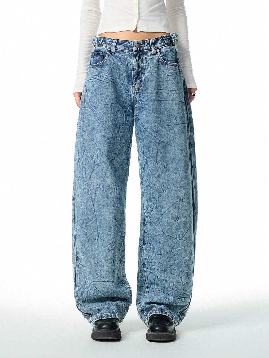 LYSMO Front Button Pocket Denim Simple Casual Vintage Tie Dye Print Wide Leg Pants For Fall And Winter - Light Wash - View 1