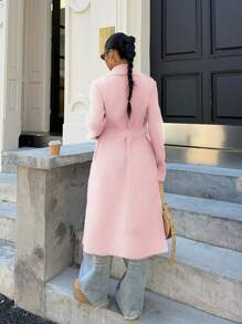 SHEIN Unity 大翻领浅灰色系带长款女士大衣 - 粉色 - 查看 2