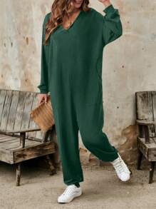Women Casual Ribbed V-Neck Drop Shoulder Pocket Long Sleeve Plus Size Jumpsuit, Spring Autumn Loose