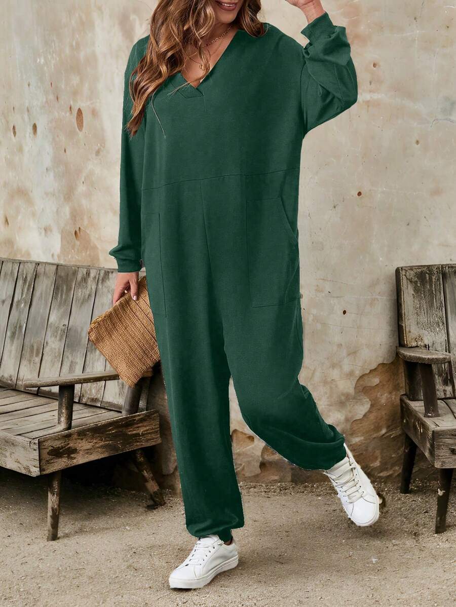 Women Casual Ribbed V-Neck Drop Shoulder Pocket Long Sleeve Plus Size Jumpsuit, Spring Autumn Loose