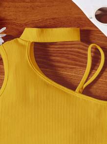 SHEIN Tween Girl Solid Asymmetric Neck Ribbed Casual Tank Top - Yellow - View 4