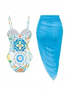 Swim Lushoire 泳衣套装 - 绿洲印花两件套系肩聚拢连体泳衣和网眼纯色罩衫波西米亚节日海滩套装 - 彩色 - 查看 4