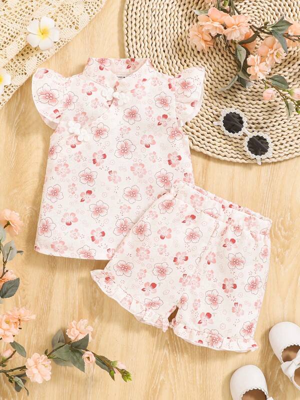 SHEIN Baby Mädchen Hanfu Chinesischer Stil Oberteil mit Flügelärmel und Shorts Set, süßes Blümchenmuster, für Frühling/Sommer