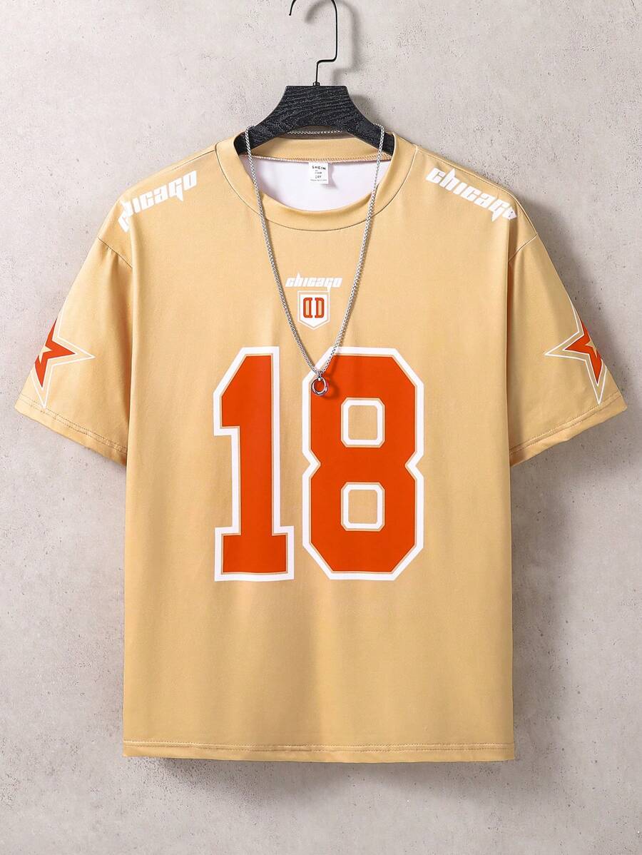 SHEIN Camiseta de manga corta con estampado numérico de estilo deportivo para adolescentes - Albaricoque - Ver 1