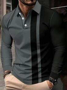 Manfinity Homme Men's Striped Long Sleeve Casual Commuter Polo Shirt, Autumn - Grey - View 3
