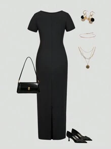 SHEIN Teen Girls Knit Short Sleeve Long Waist Cinched Boxy Neck Casual Fashionable All-Match Versatile Dresses, Girls Delicate Apparel, Suitable For Wedding Season, Floral/Partial Decor Style, No Traditional Pattern