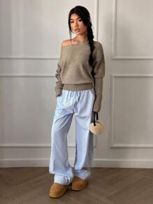 Flirla Women's Loose Oversized Solid Color Drop Shoulder Long Sleeve Sweater, Autumn/Winter Knit Pullover Fall Sweater - Khaki - View 6