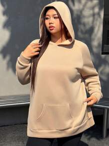 INAWLY Plus Size Hooded Long Sleeve Pocket Solid Color Casual Pullover Sweatshirt