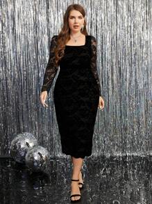 SHEIN Clasi Vestido de encaje de manga larga para mujer talla grande, elegante para ocasiones de fiesta, otoño/invierno