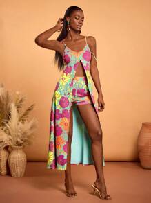 Sylvia Mollie Designer Women Boho Bohemian Floral Print Spaghetti Strap Simple Cami Top, Casual Everyday Wear, Vacation, Spring & Summer, Going Out, Festival, Ibiza Fits - Multicolor - View 3