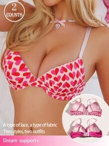 DesireSculpt 2pcs/Set Women's Fashion Heart Print Underwire Lingerie Bra Set