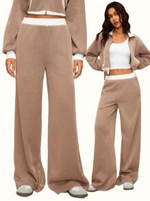 Forever 21 Calça Feminina Casual de Perna Larga com Cintura Elástica e Contraste de Cores - Caqui - Visão 1