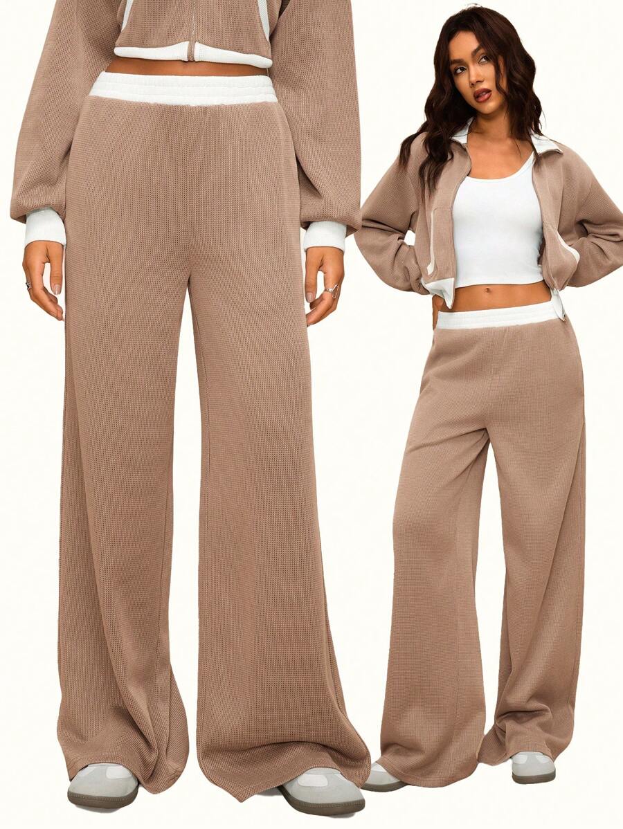 Forever 21 Calça Feminina Casual de Perna Larga com Cintura Elástica e Contraste de Cores - Caqui - Visão 1