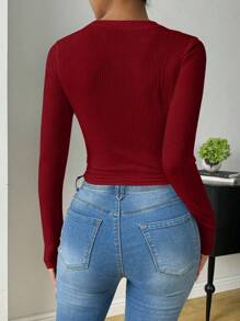 Zielony 1pc Casual Long Sleeve Round Neck Asymmetrical Hem T-Shirt Fall Cloth For Women - Burgundy - View 2