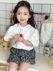 DAZY 2pcs Set Young Girl Plain Front Button Short Sleeve Top And Skirt Floral - Black and White - View 4