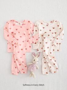 Cozy Pixies 4pcs Baby Girl Snug Fit Pajama Set, Hand-Drawn Heart Pattern, Soft Knit Crew Neck Long Sleeve Top, Elastic Waist Leggings, Cozy Loungewear Graphic - Pink - View 1