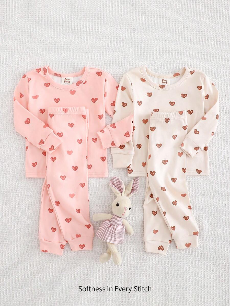 Cozy Pixies 4pcs Baby Girl Snug Fit Pajama Set, Hand-Drawn Heart Pattern, Soft Knit Crew Neck Long Sleeve Top, Elastic Waist Leggings, Cozy Loungewear Graphic - Pink - View 1
