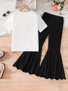 SHEIN 2pcs/Set Girls T-Shirt & Flare Pants Set, Spring/Autumn, Letter Print T-Shirt, Casual Loose Ripped Design Flare Pants, Fashionable & Versatile Outfit