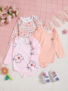 3 件套女婴可爱花卉印花连体衣套装，日常穿着舒适 - 彩色 - 查看 4