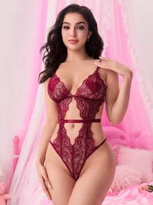 ROMWE Goth Body sexy romántico con tirantes calados de encaje para el Día de San Valentín